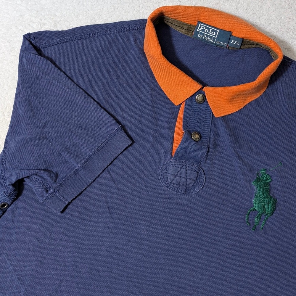 Polo Ralph Lauren Polo Shirt‎ Mens XXL Blue Orange Big Pony Contrast Collar